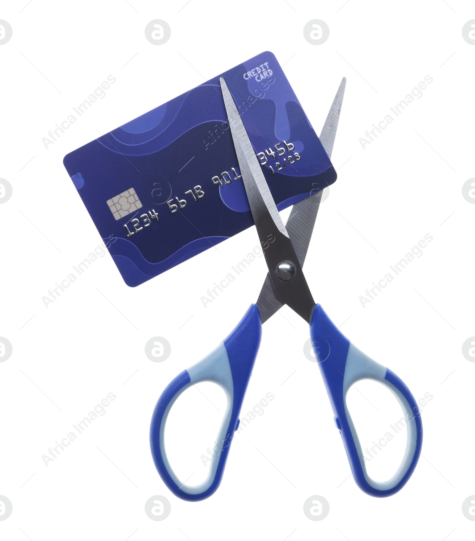 Photo of Credit card and scissors isolated on white