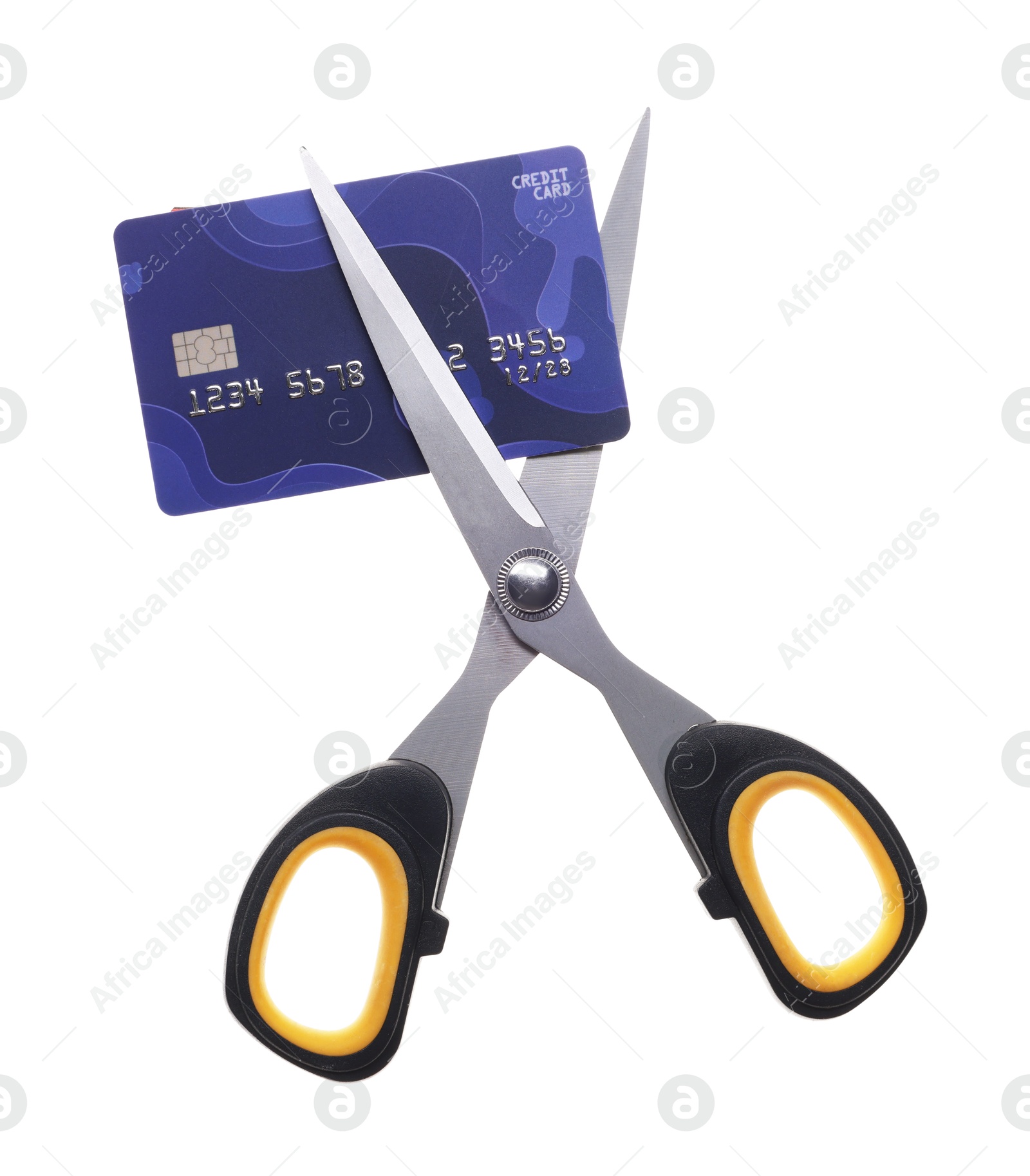 Photo of Credit card and scissors isolated on white