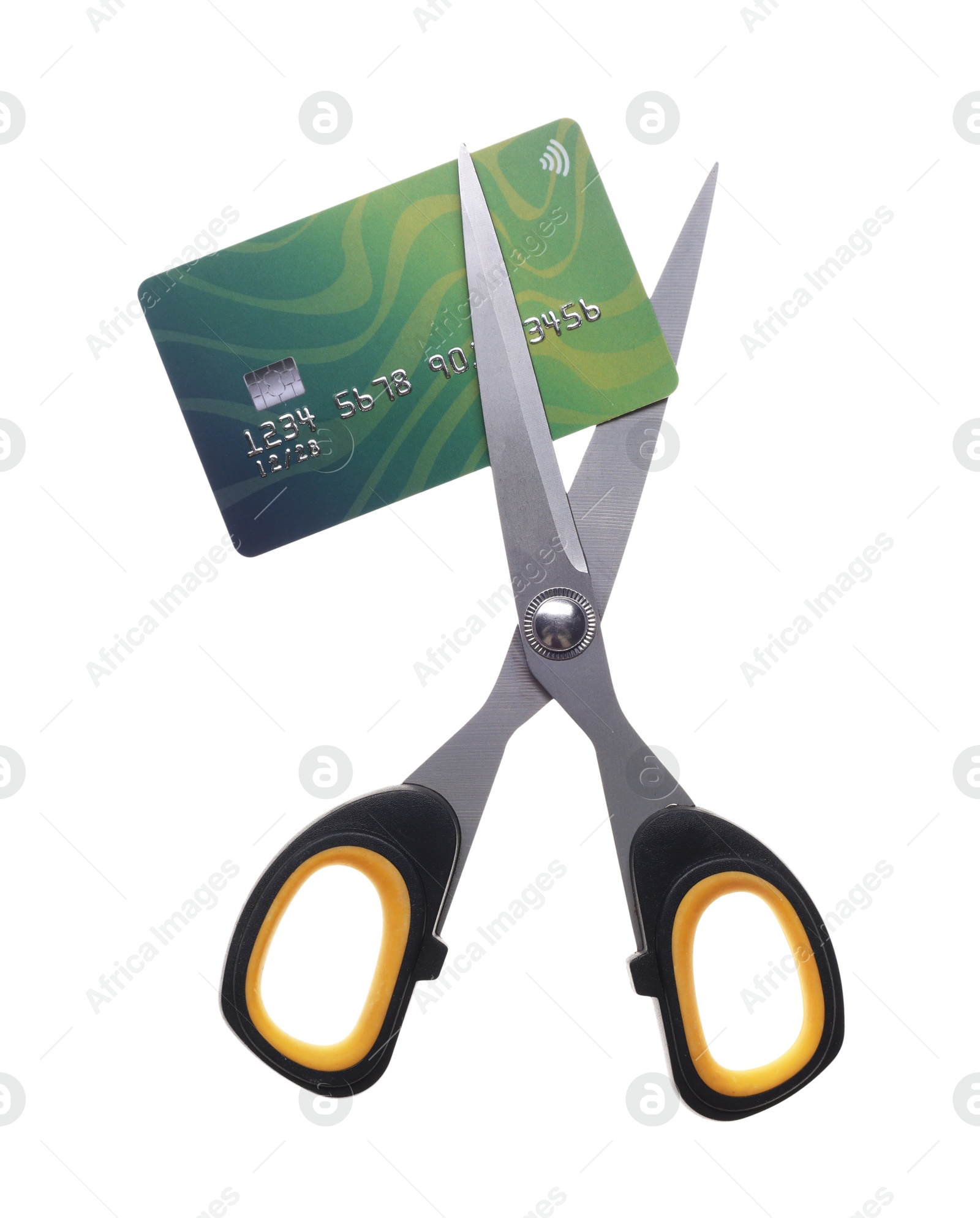 Photo of Credit card and scissors isolated on white