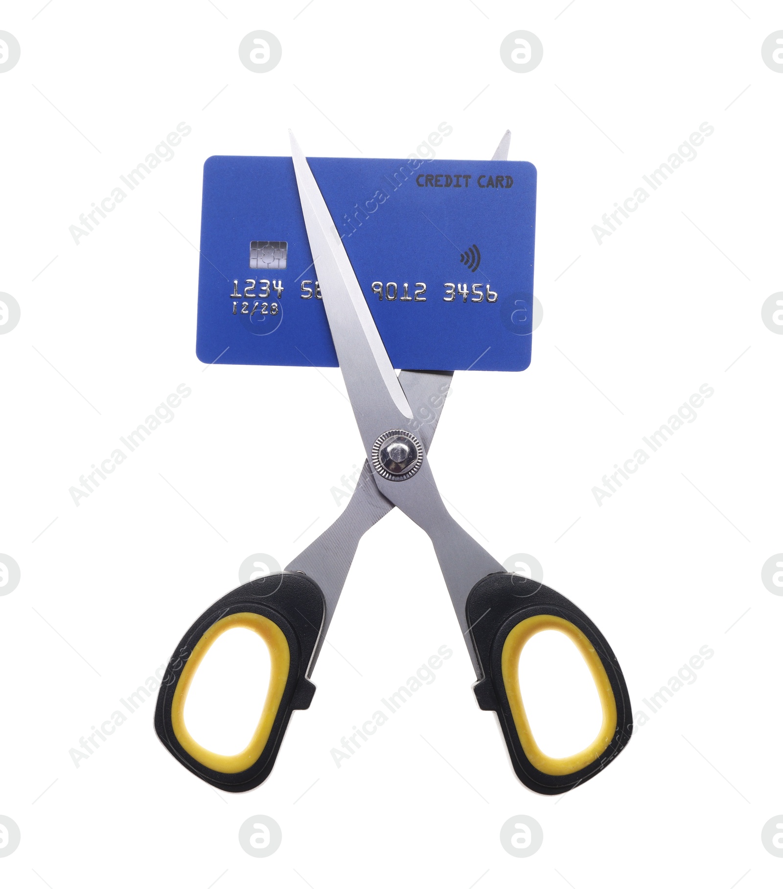 Photo of Credit card and scissors isolated on white