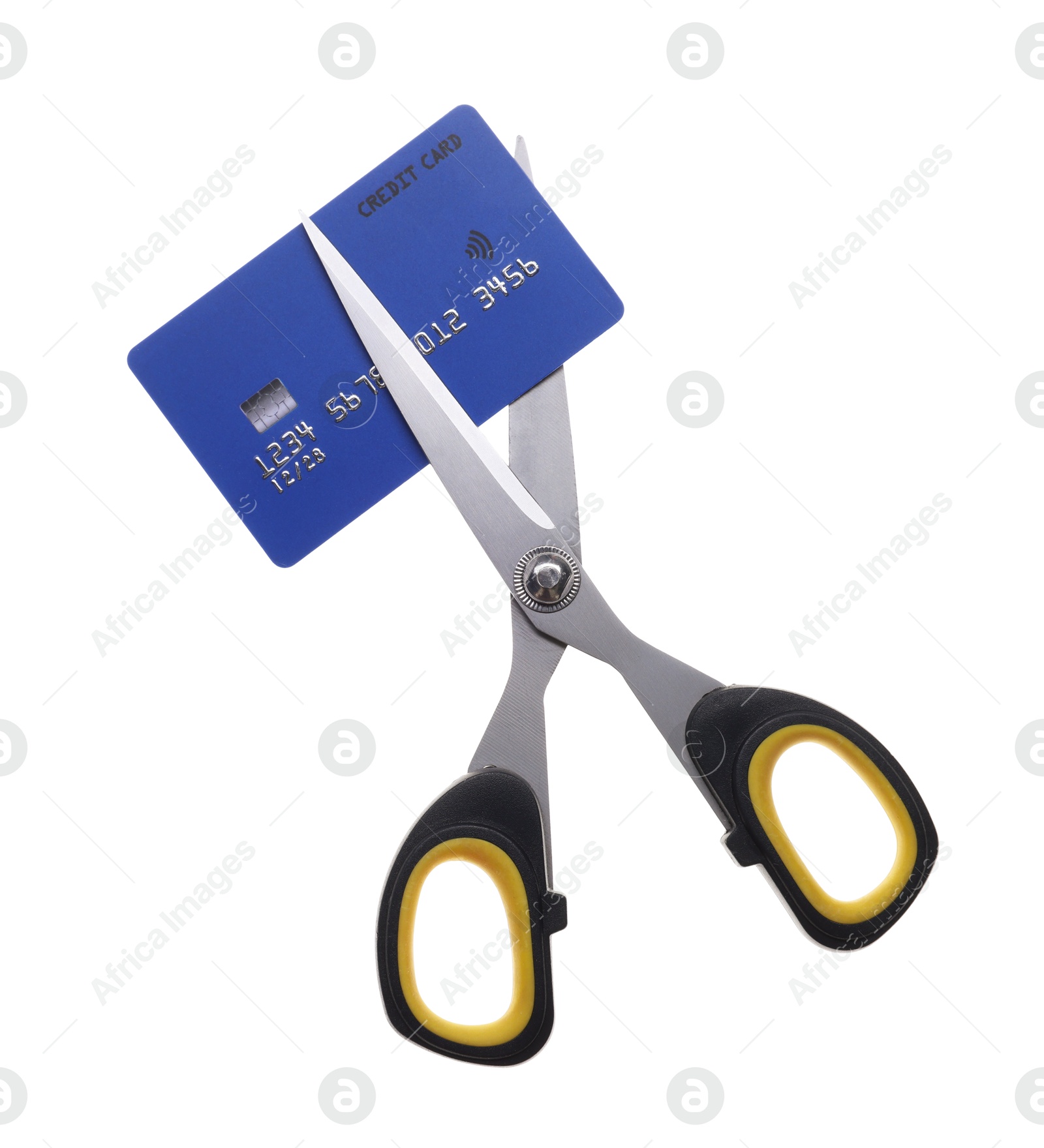 Photo of Credit card and scissors isolated on white