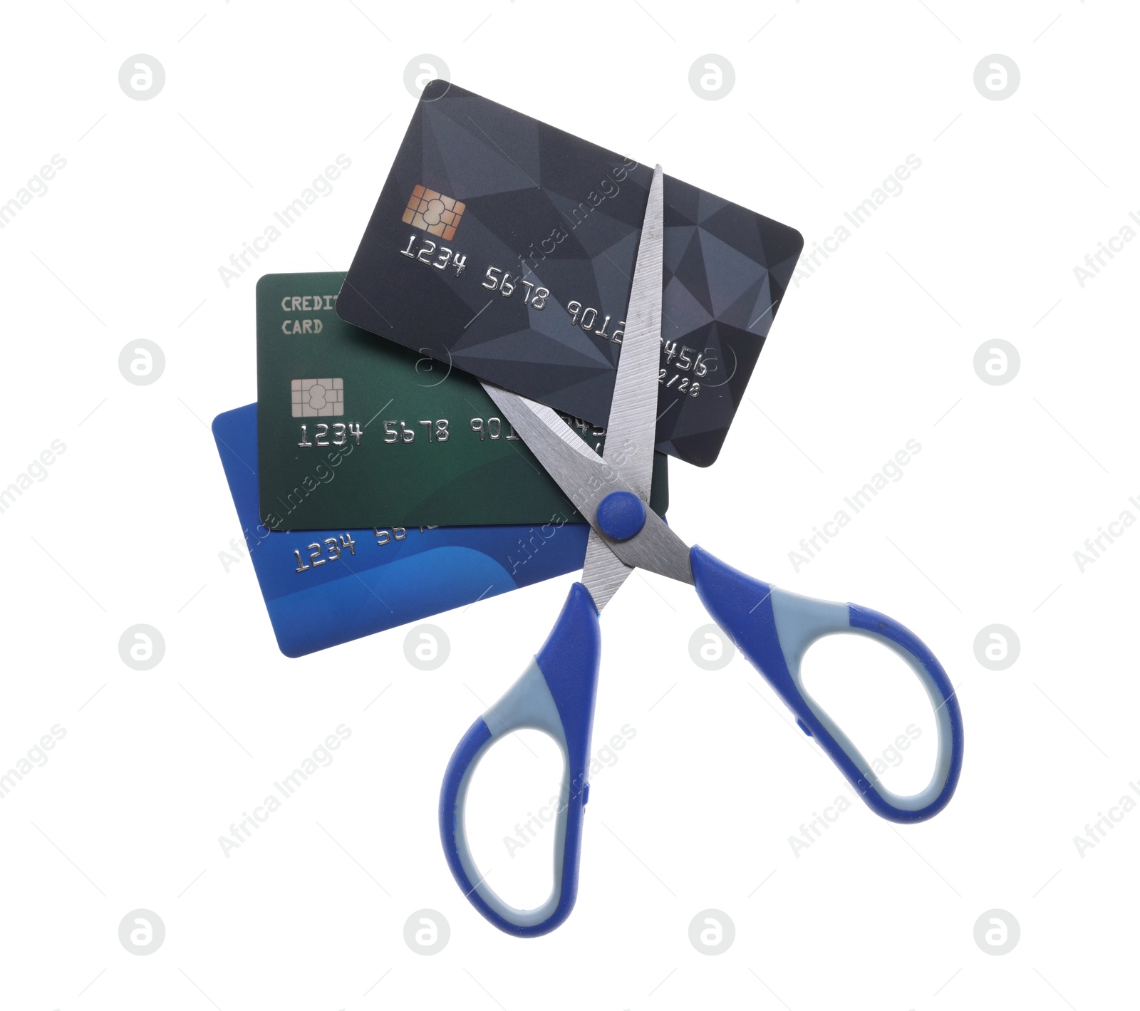 Photo of Credit cards and scissors isolated on white