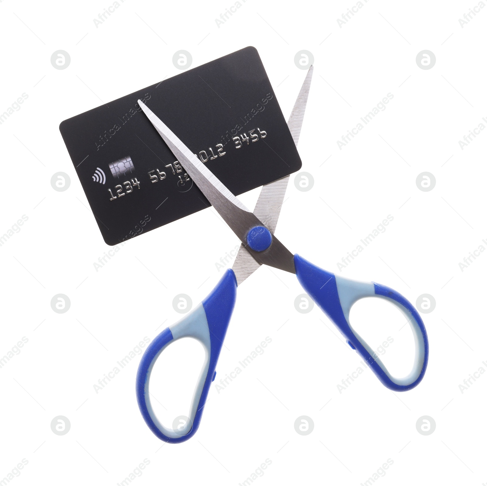 Photo of Credit card and scissors isolated on white