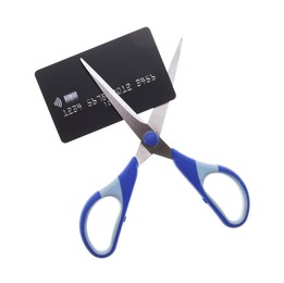 Photo of Credit card and scissors isolated on white