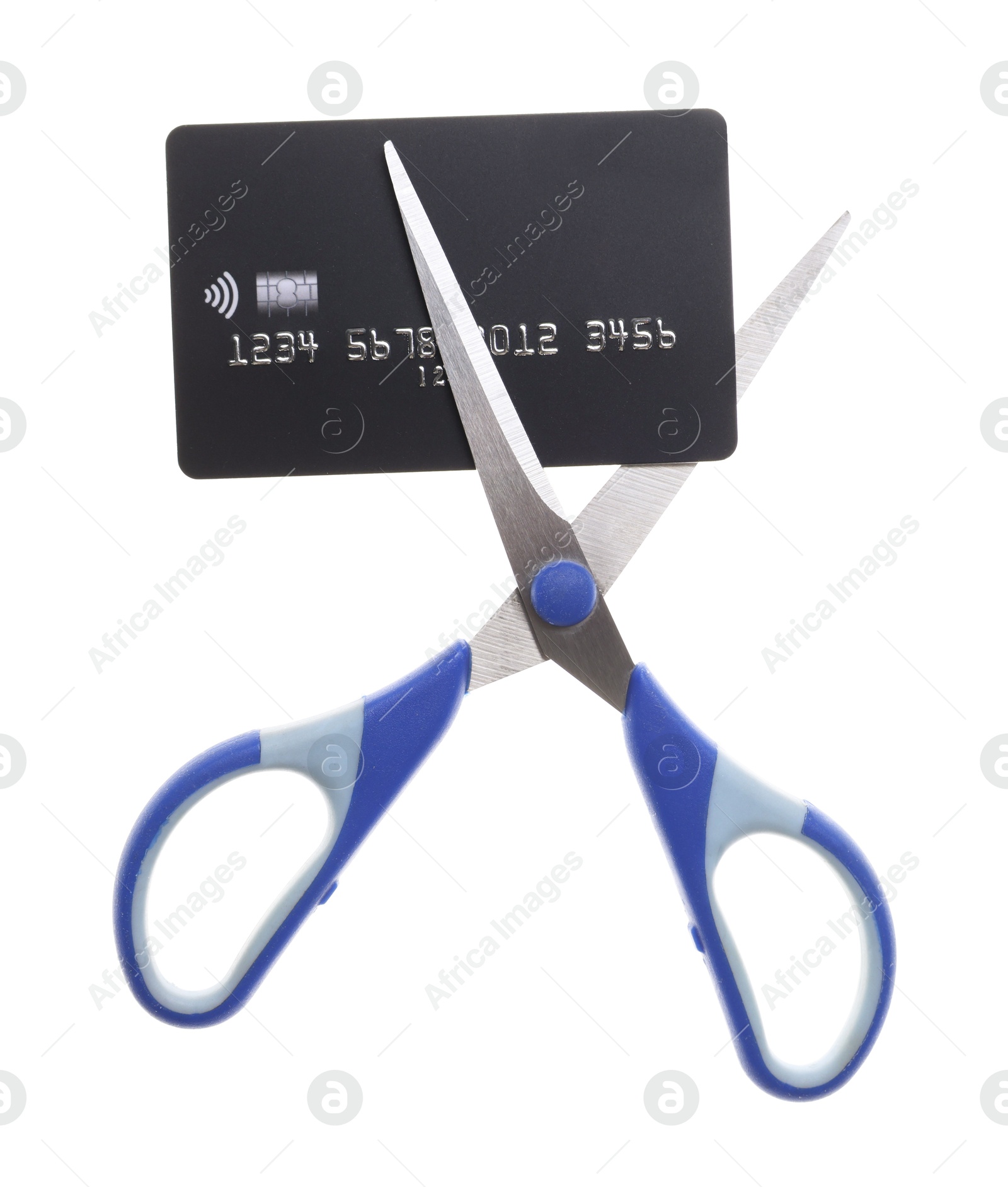 Photo of Credit card and scissors isolated on white