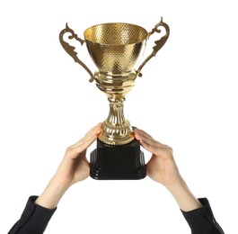 Photo of Woman with golden trophy cup on white background, closeup