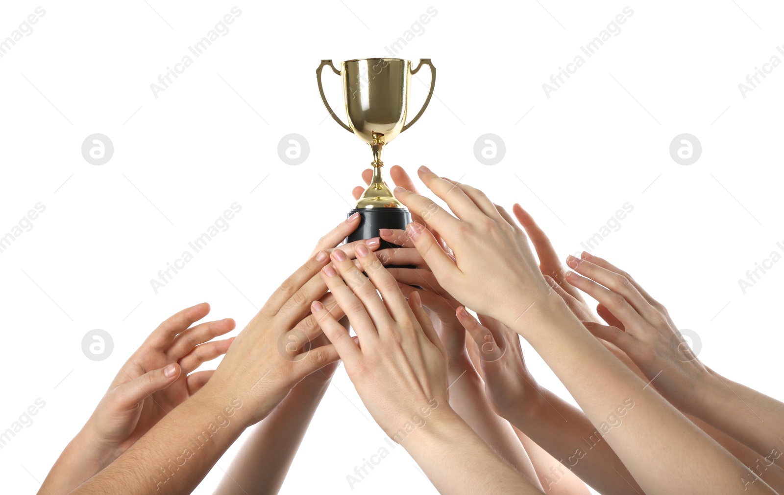 Photo of Group of people with golden trophy up on white background, closeup