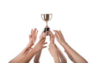 Photo of Group of people with golden trophy up on white background, closeup