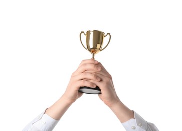 Photo of Man with golden trophy cup on white background, closeup