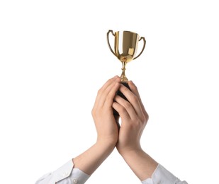 Photo of Man with golden trophy cup on white background, closeup