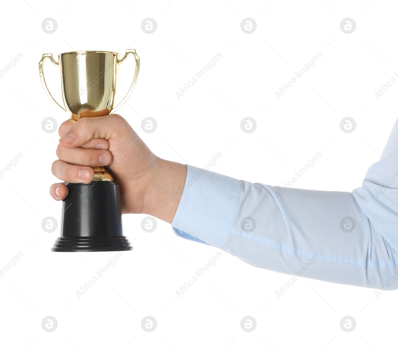 Photo of Man with golden trophy cup on white background, closeup