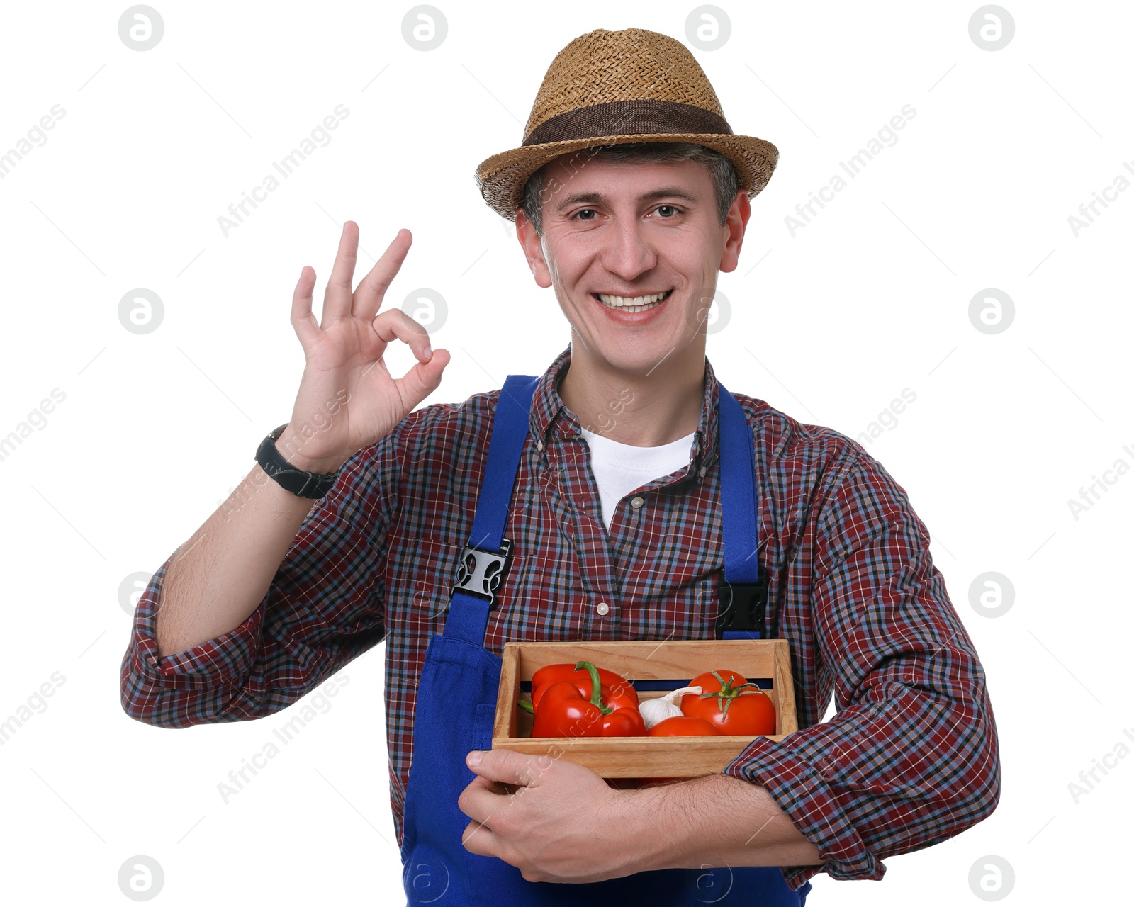 Photo of Farmer with vegetables showing okay gesture on white background