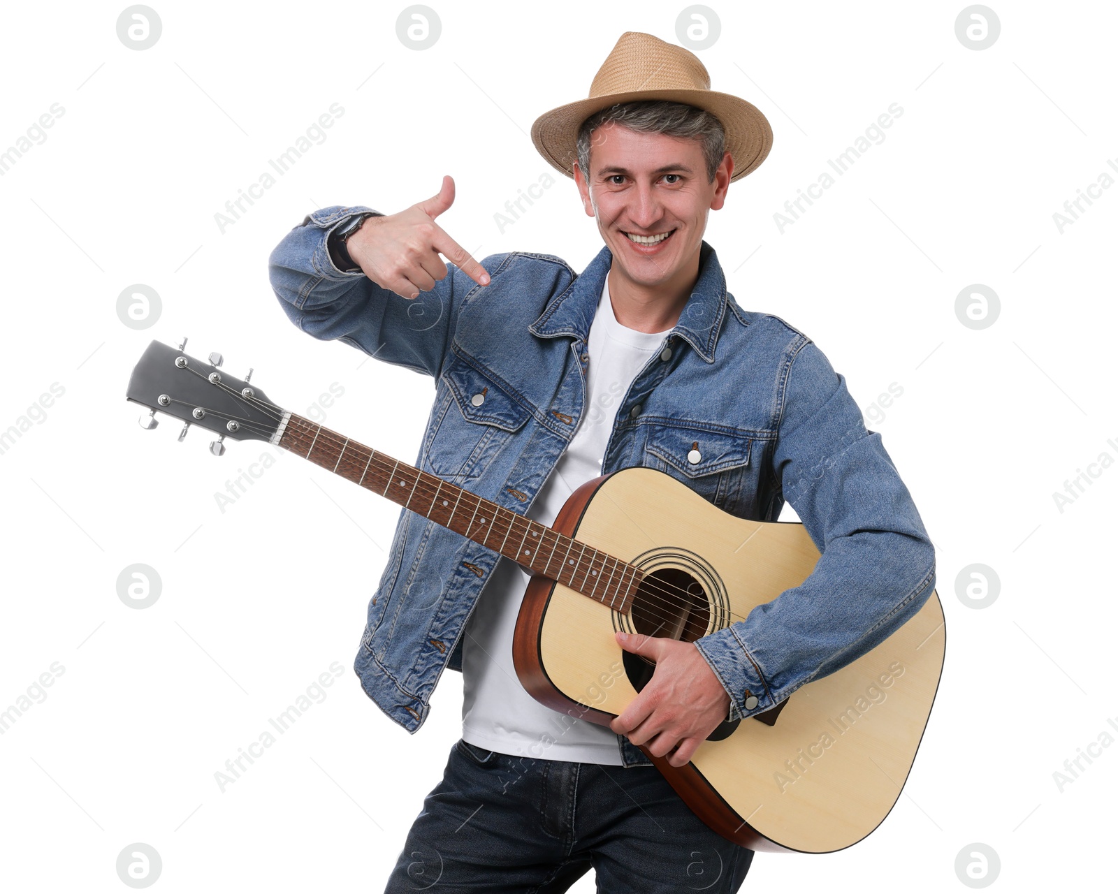 Photo of Happy man pointing at guitar on white background