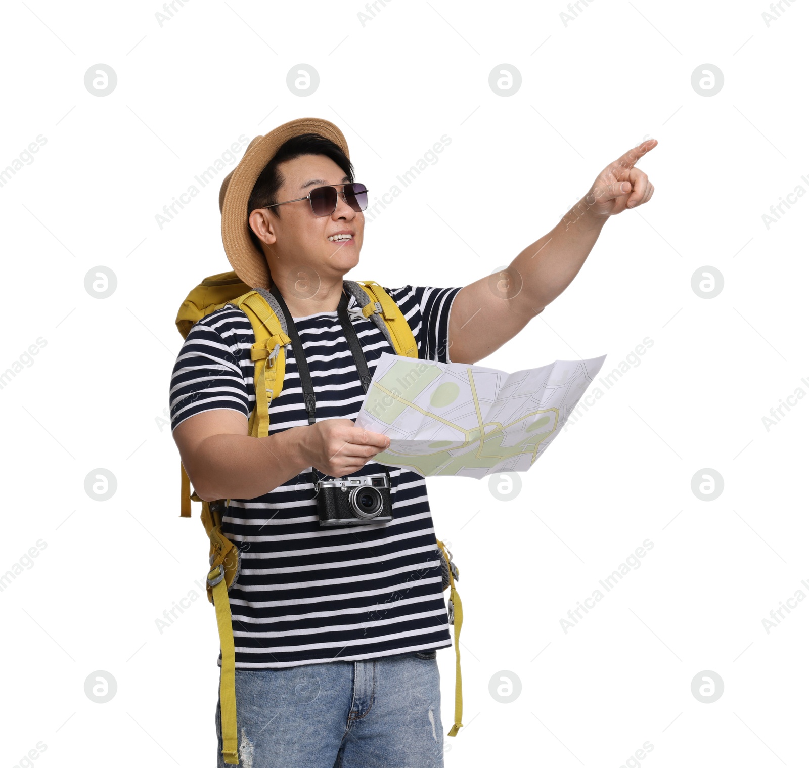 Photo of Traveller with map pointing at something on white background