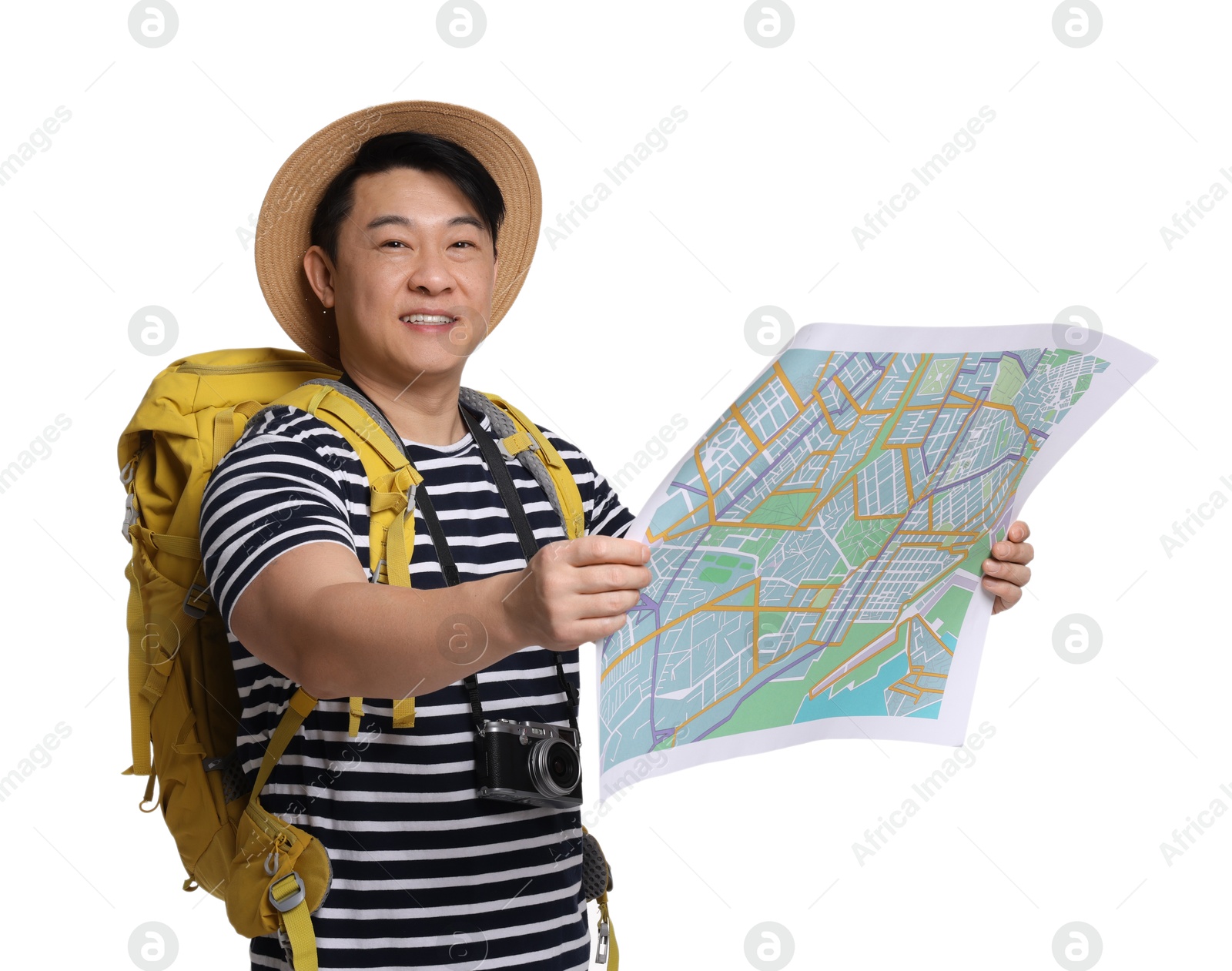 Photo of Traveller with map and backpack on white background