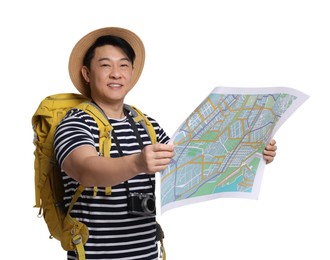 Photo of Traveller with map and backpack on white background