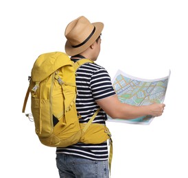 Photo of Traveller with map and backpack on white background