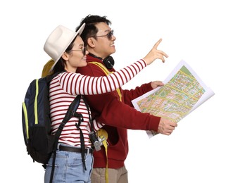 Photo of Travellers with backpacks and map on white background