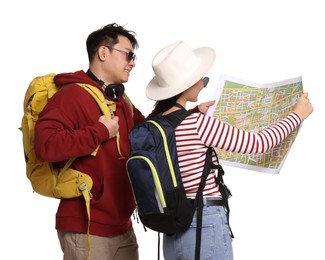 Photo of Travellers with backpacks and map on white background