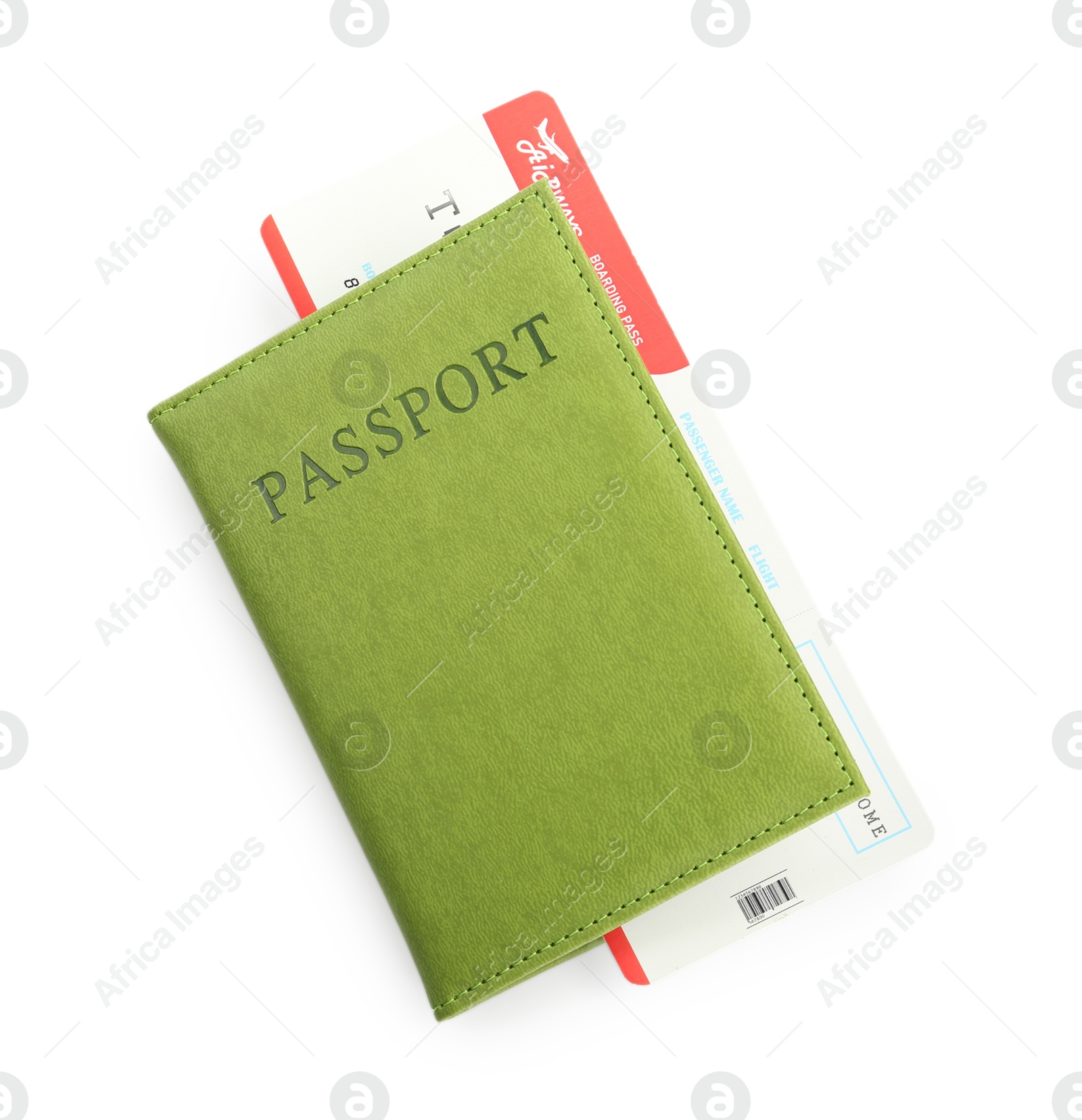 Photo of Passport with airplane ticket isolated on white, top view