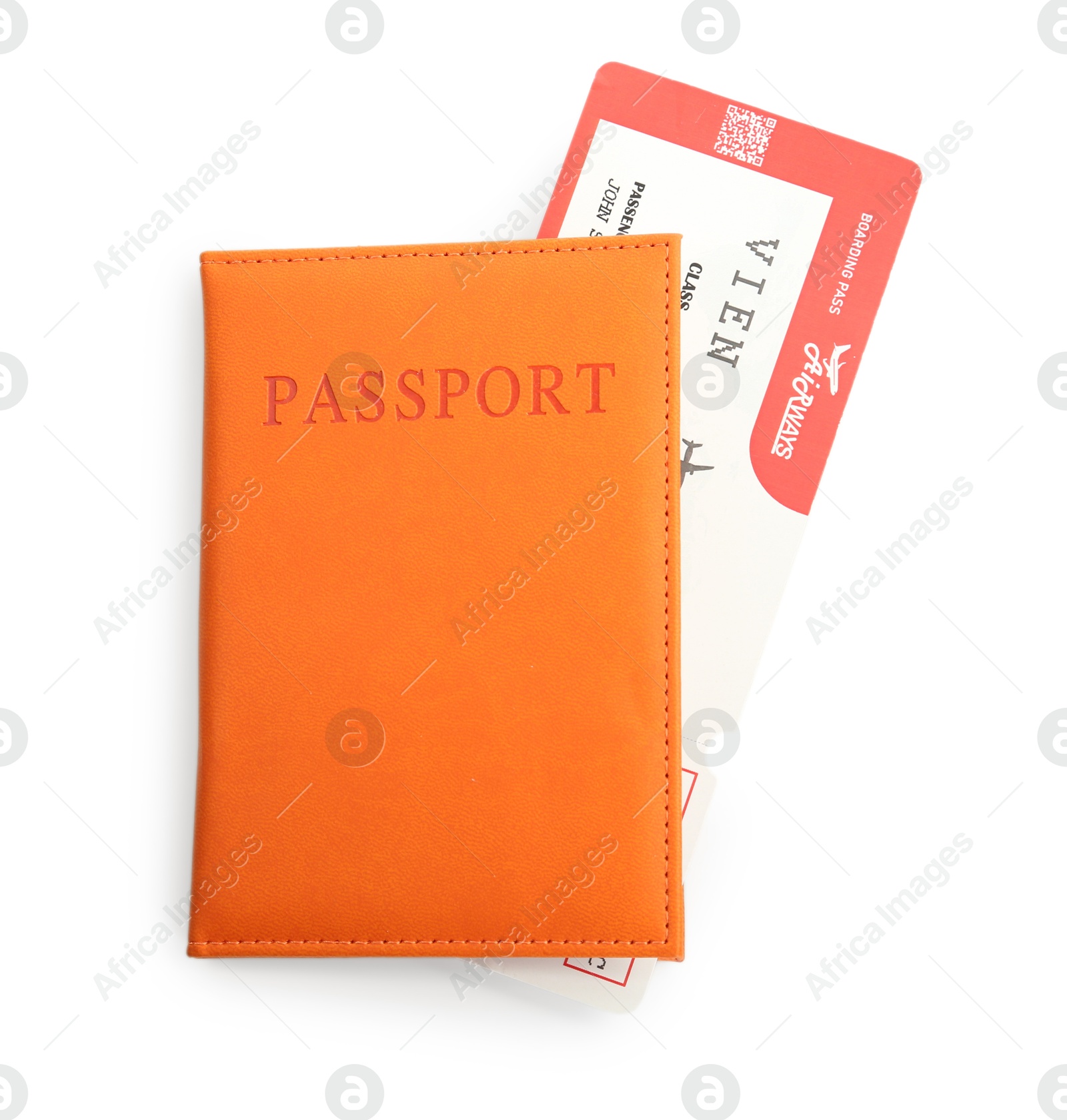 Photo of Passport with airplane ticket isolated on white, top view