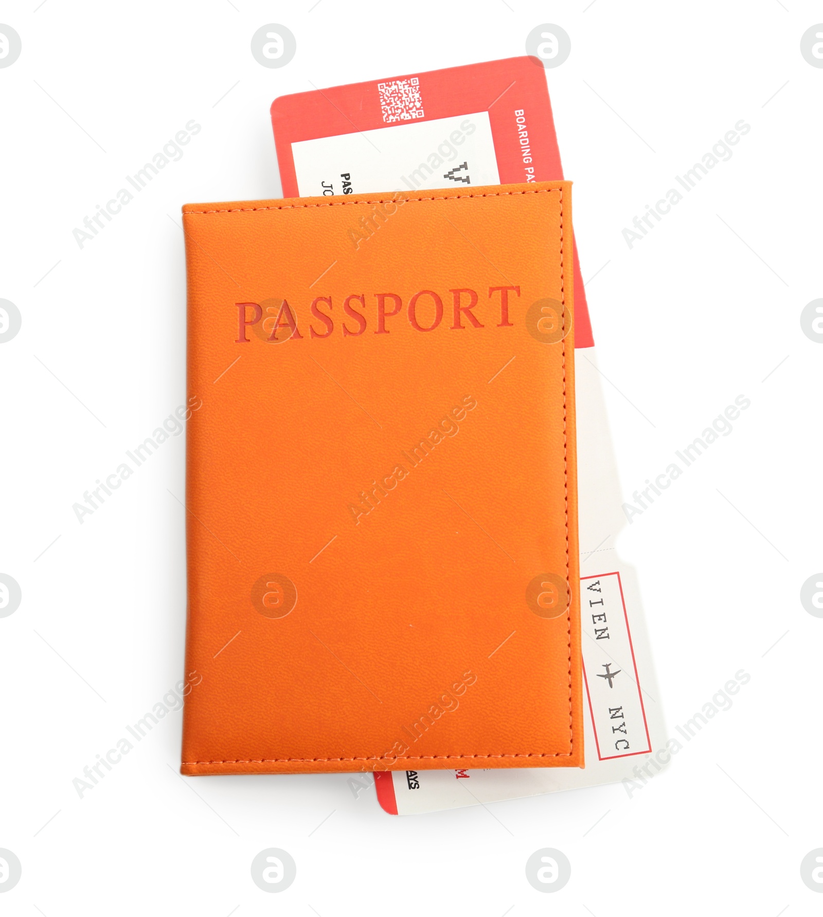 Photo of Passport with airplane ticket isolated on white, top view