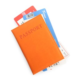 Photo of Passport with airplane tickets isolated on white, top view