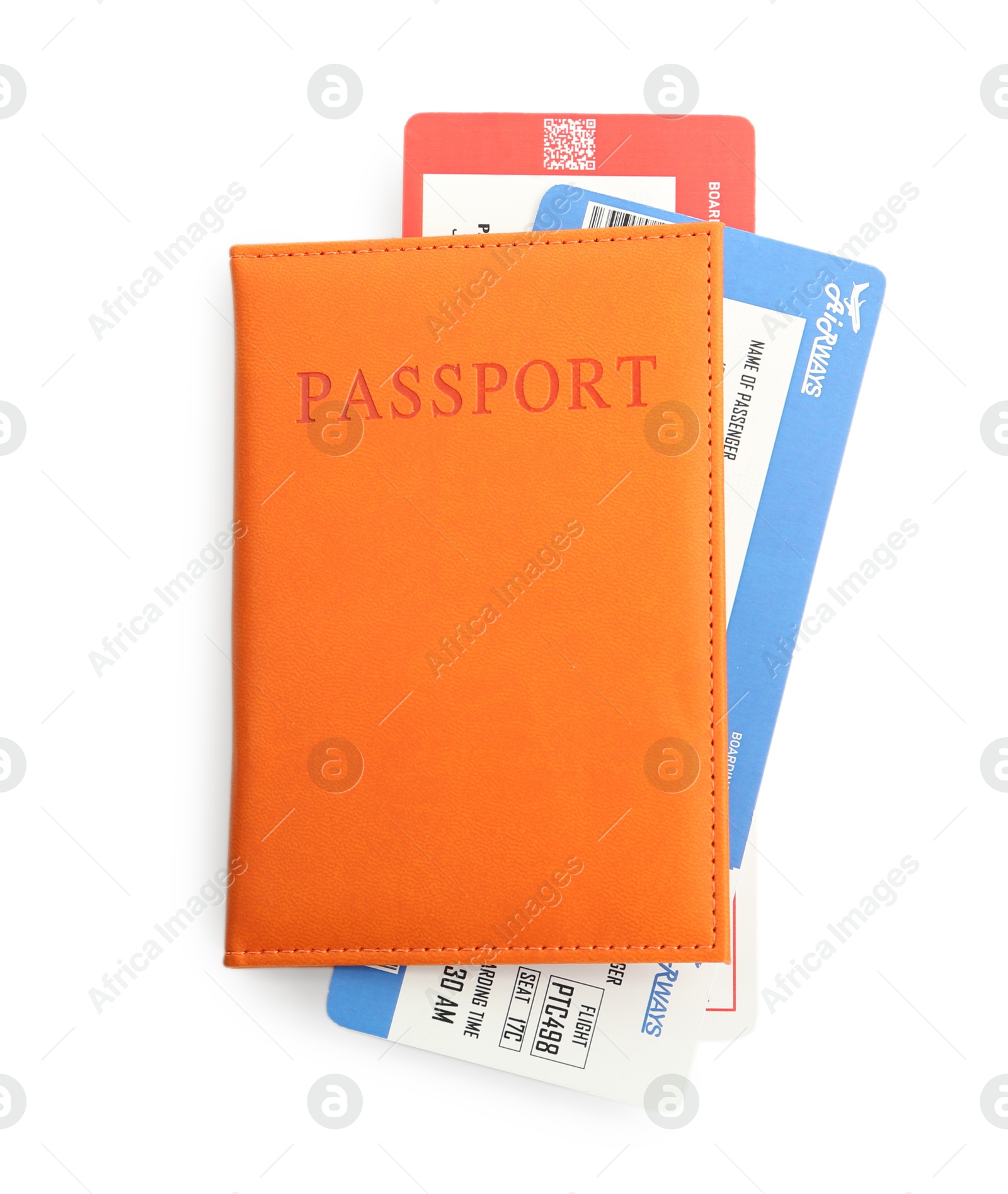 Photo of Passport with airplane tickets isolated on white, top view