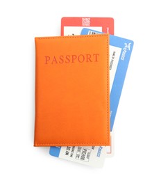 Photo of Passport with airplane tickets isolated on white, top view