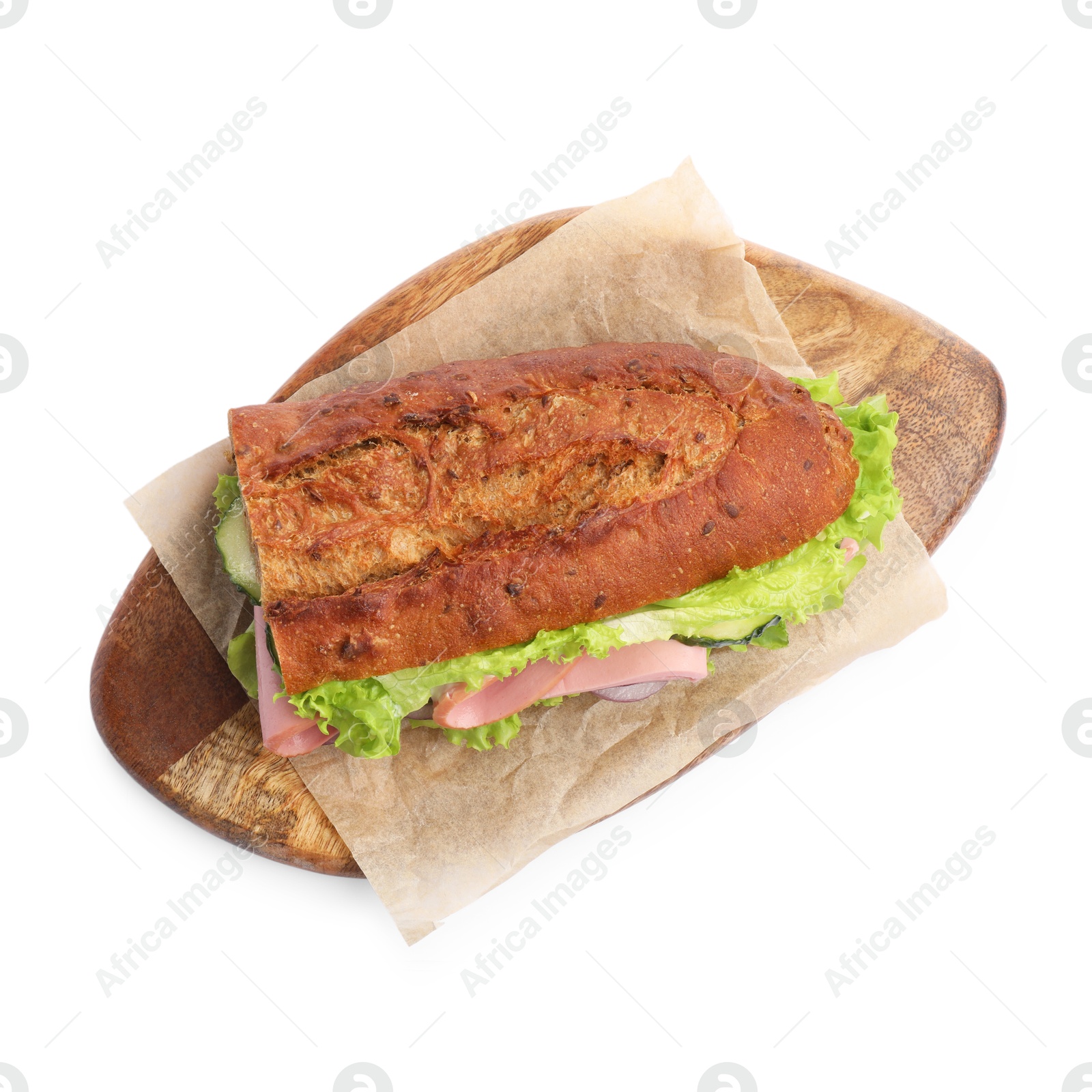 Photo of Baguette sandwich with ham isolated on white, top view