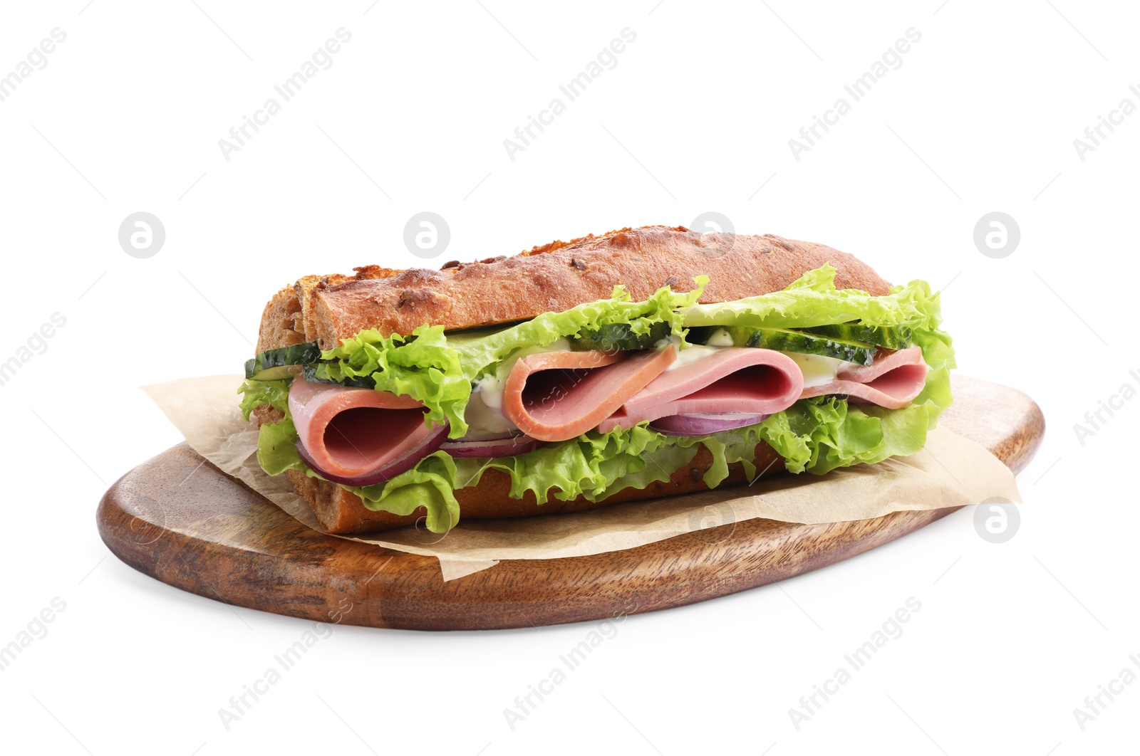 Photo of Baguette sandwich with ham isolated on white