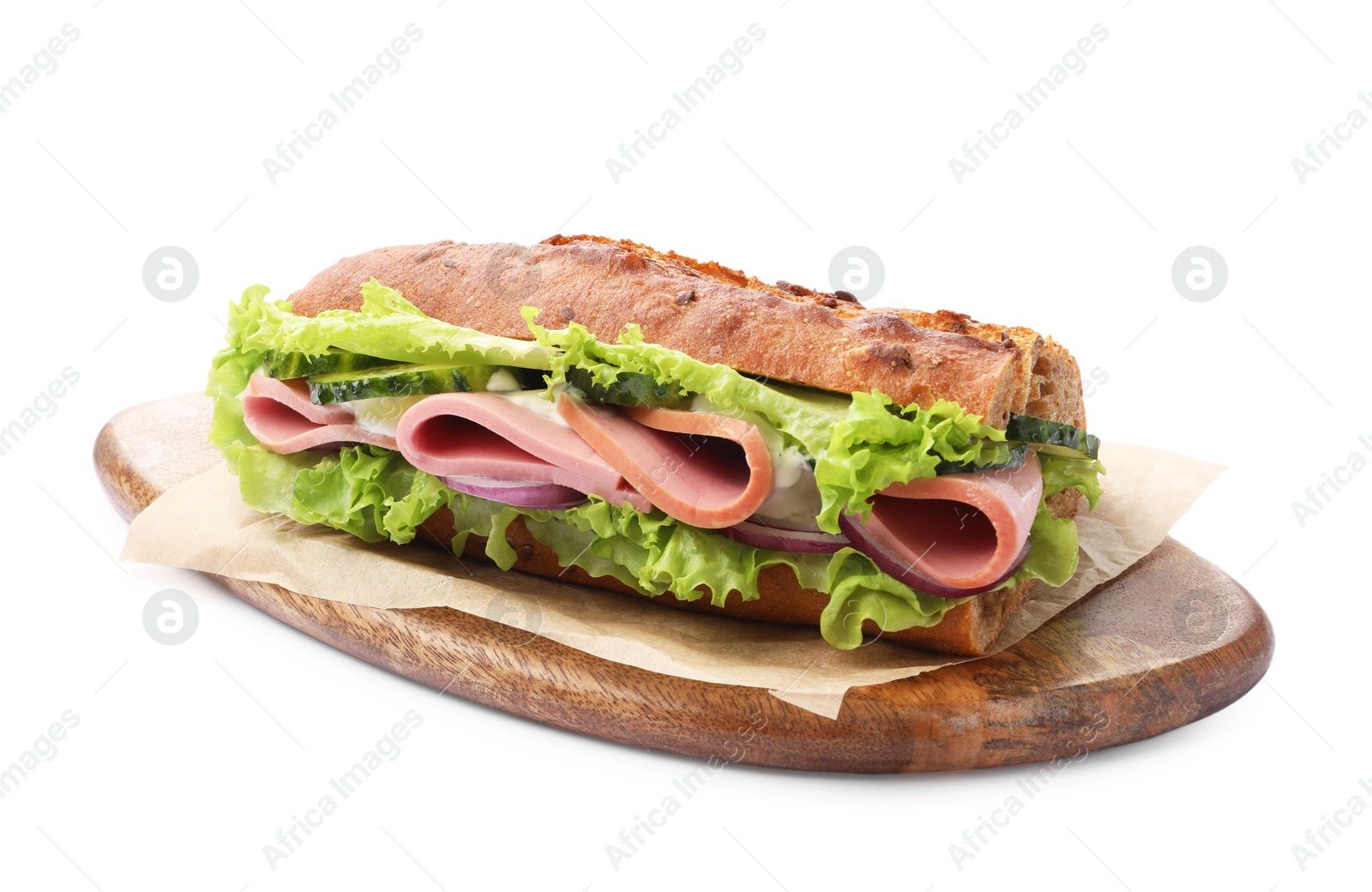 Photo of Baguette sandwich with ham isolated on white