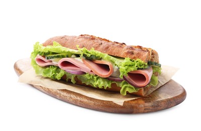 Photo of Baguette sandwich with ham isolated on white