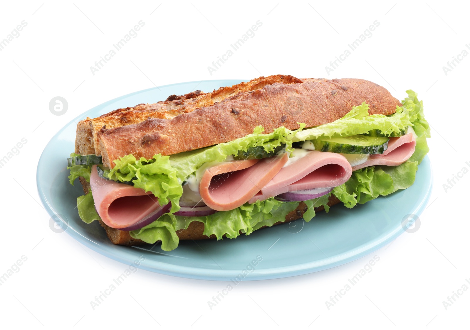 Photo of Baguette sandwich with ham isolated on white