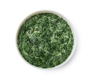 Delicious spinach sauce in bowl isolated on white, top view