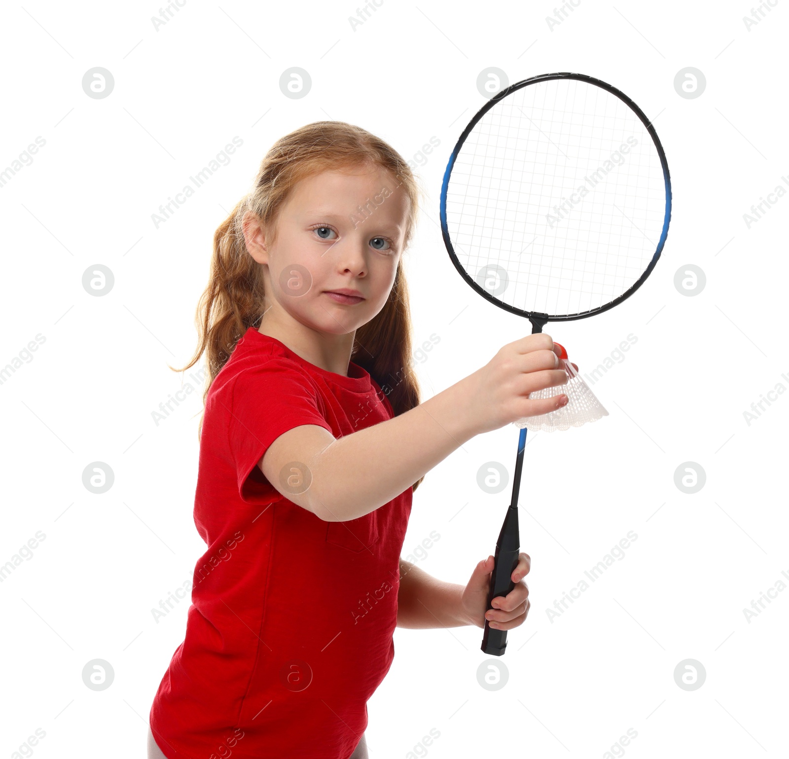 Photo of Little girl with badminton racket and shuttlecock on white background