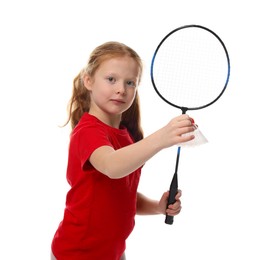 Photo of Little girl with badminton racket and shuttlecock on white background