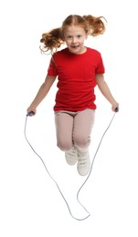 Photo of Cute little girl with skipping rope jumping on white background