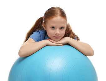 Photo of Cute little girl with fitness ball on white background