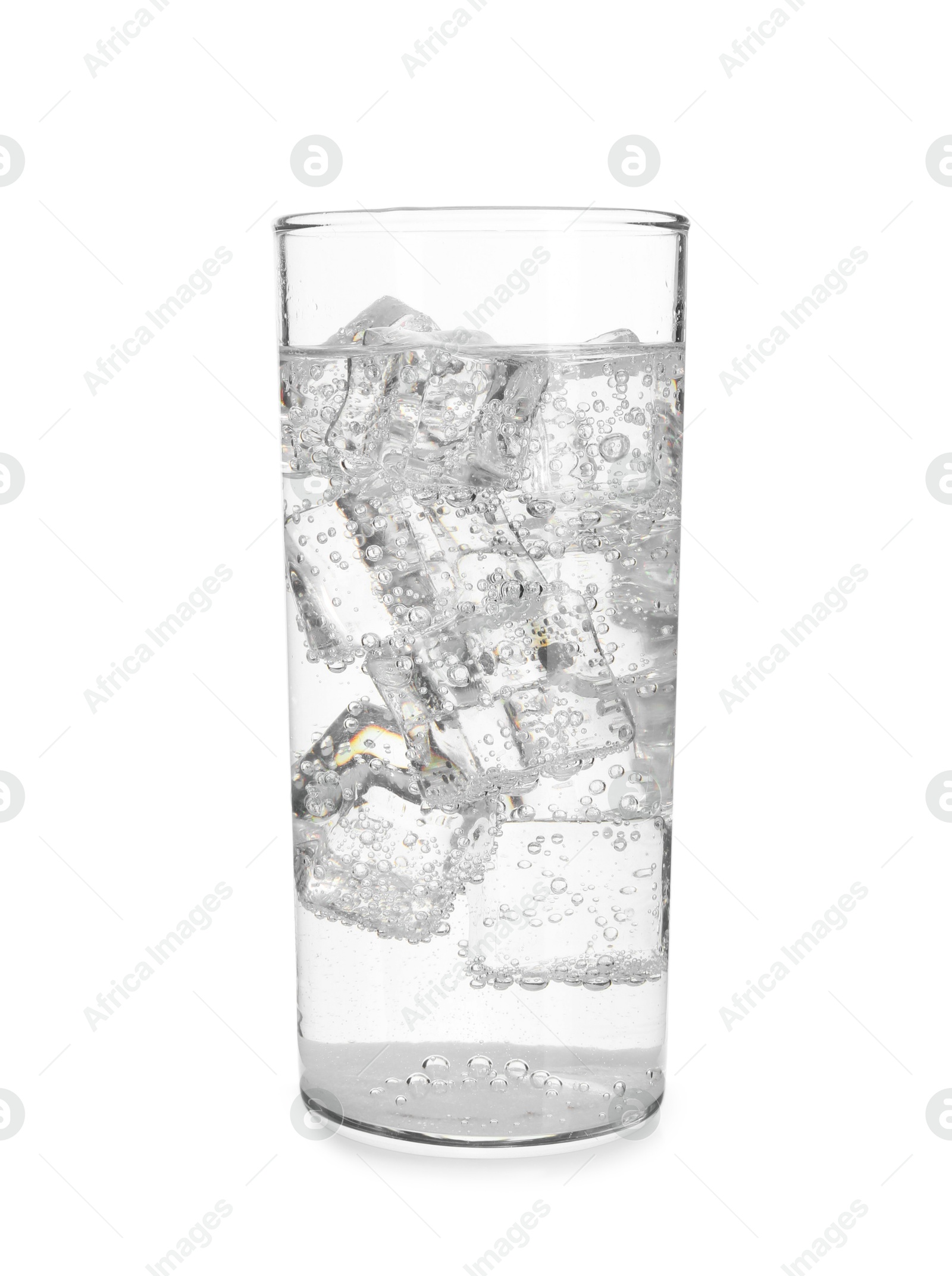 Photo of Glass of refreshing soda water with ice cubes isolated on white