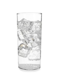 Photo of Glass of refreshing soda water with ice cubes isolated on white