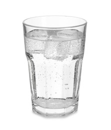 Photo of Glass of refreshing soda water with ice cubes isolated on white