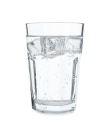 Photo of Glass of refreshing soda water with ice cubes isolated on white