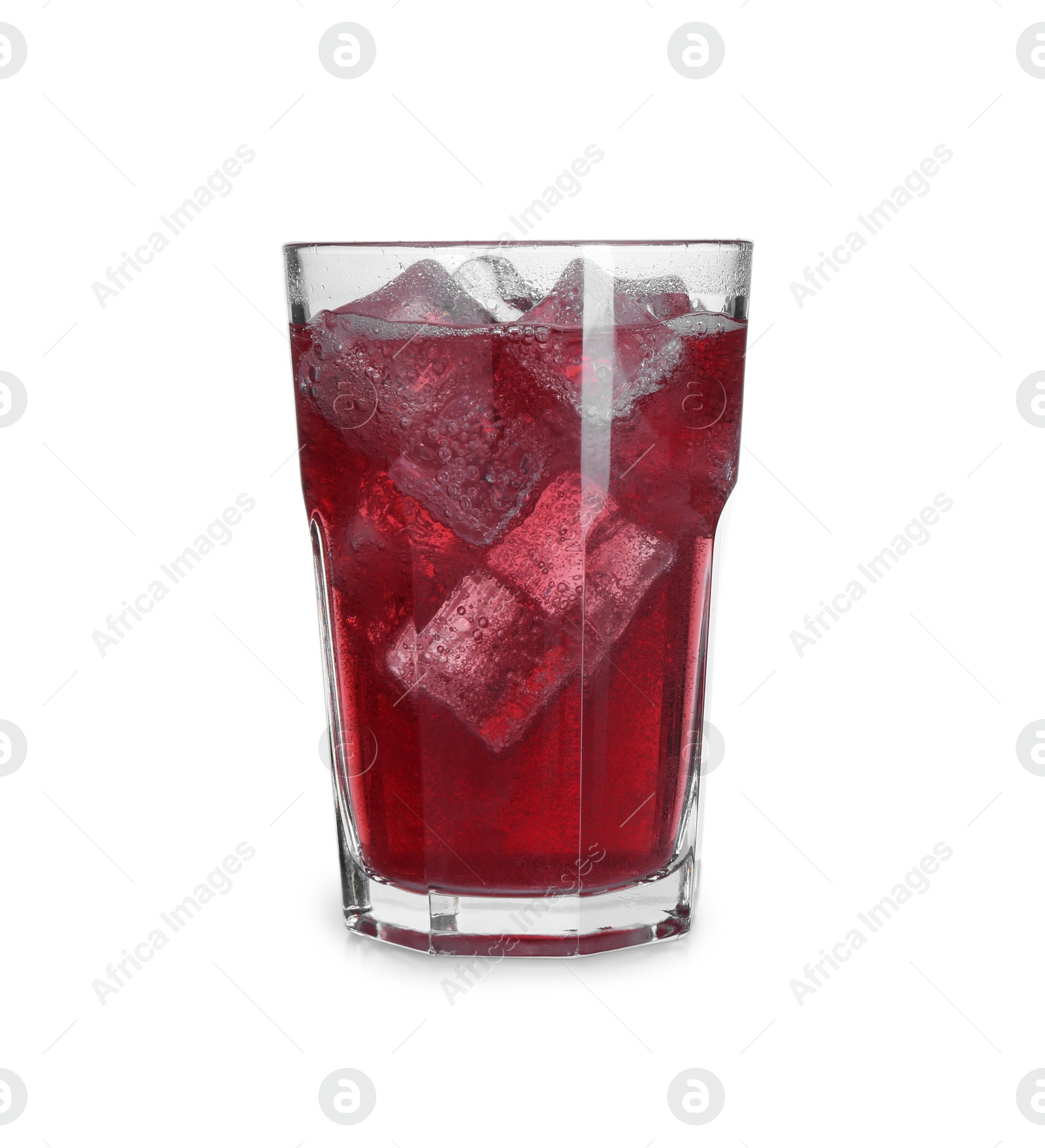 Photo of Sweet soda water with ice cubes in glass isolated on white