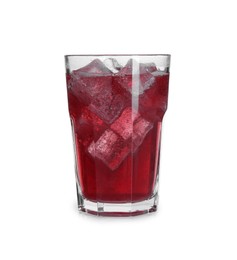 Photo of Sweet soda water with ice cubes in glass isolated on white