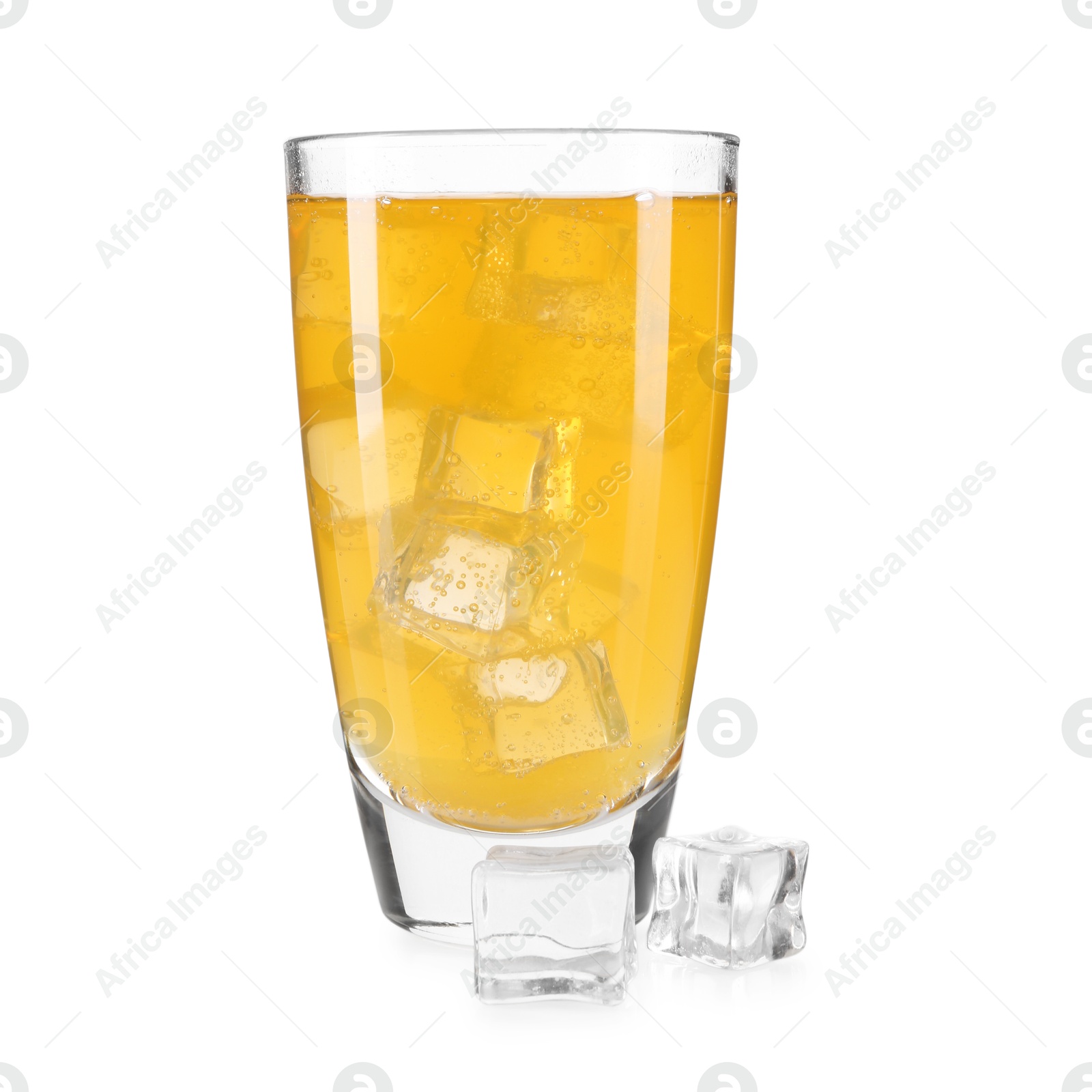 Photo of Sweet soda water in glass and ice cubes isolated on white