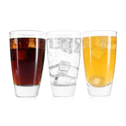 Photo of Soda water of different flavors with ice cubes in glasses isolated on white