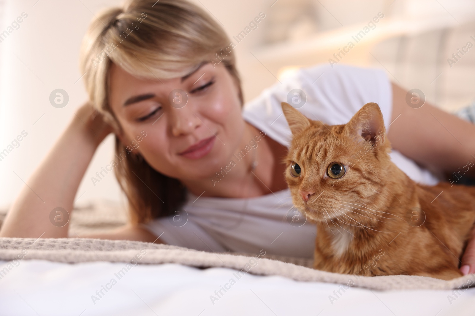 Photo of Woman with her cute ginger cat on bed at home, selective focus