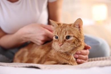 Photo of Woman stroking cute ginger cat on bed at home, closeup