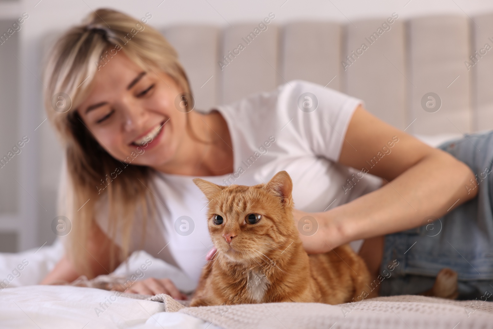 Photo of Woman stroking cute ginger cat on bed at home, selective focus